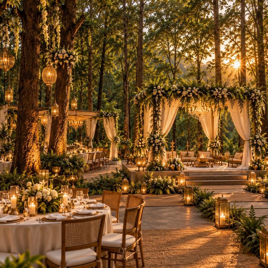 Golden evening destination wedding reception at the K3 Club, Kanha