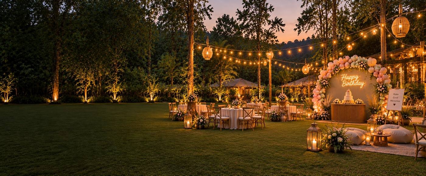 Birthday party venue in Kanha with balloon arch and fairy-lit lawns