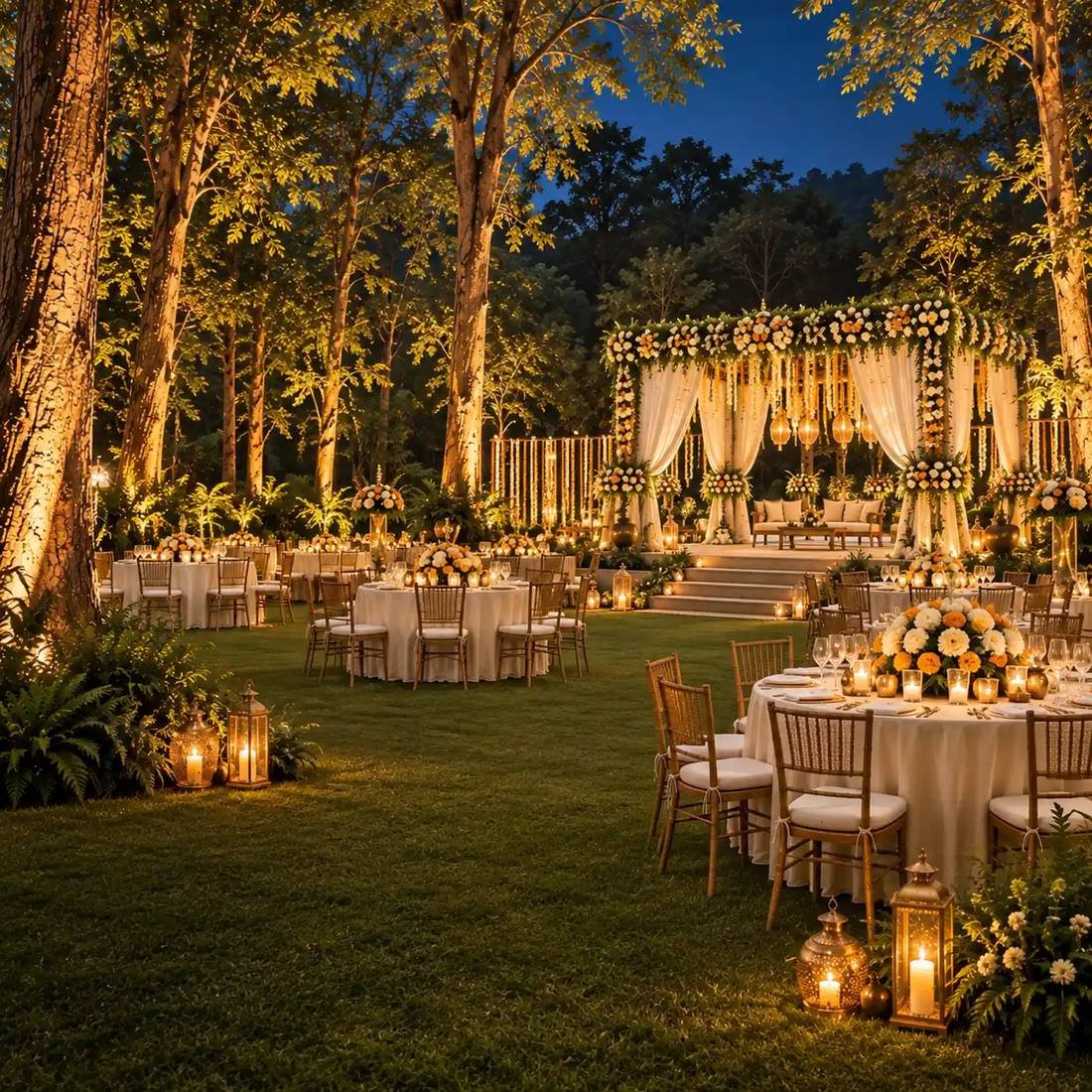 Night jungle wedding with grand floral mandap at K3 Club by Kanha Resort